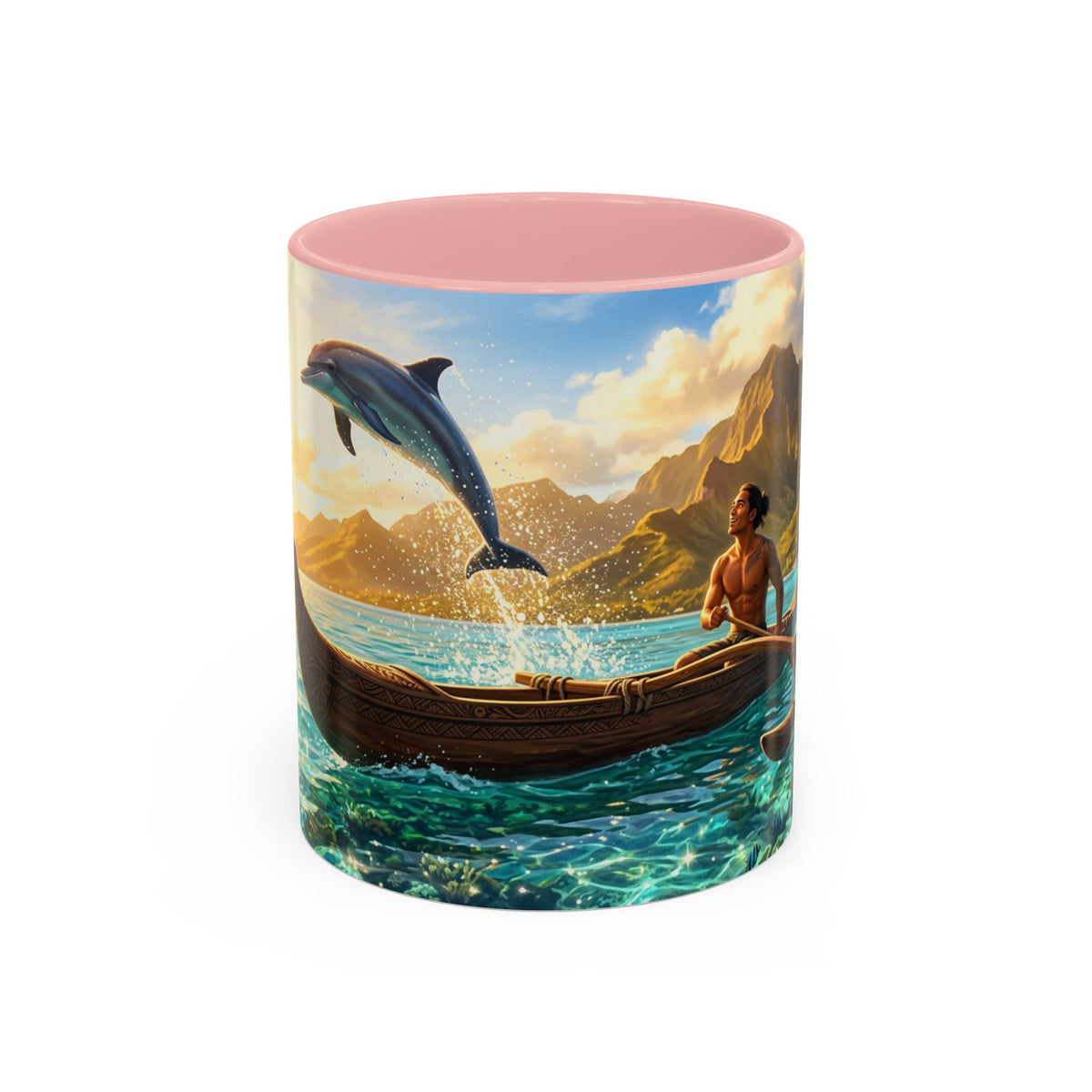 Taza de café Canua Tropical — Taza escénica con delfines y amanecer en el océano (11/15oz)