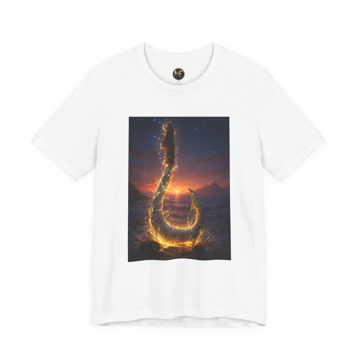 Fiery Hook Graphic Tee — Flaming Fishing Hook Sunset T-Shirt