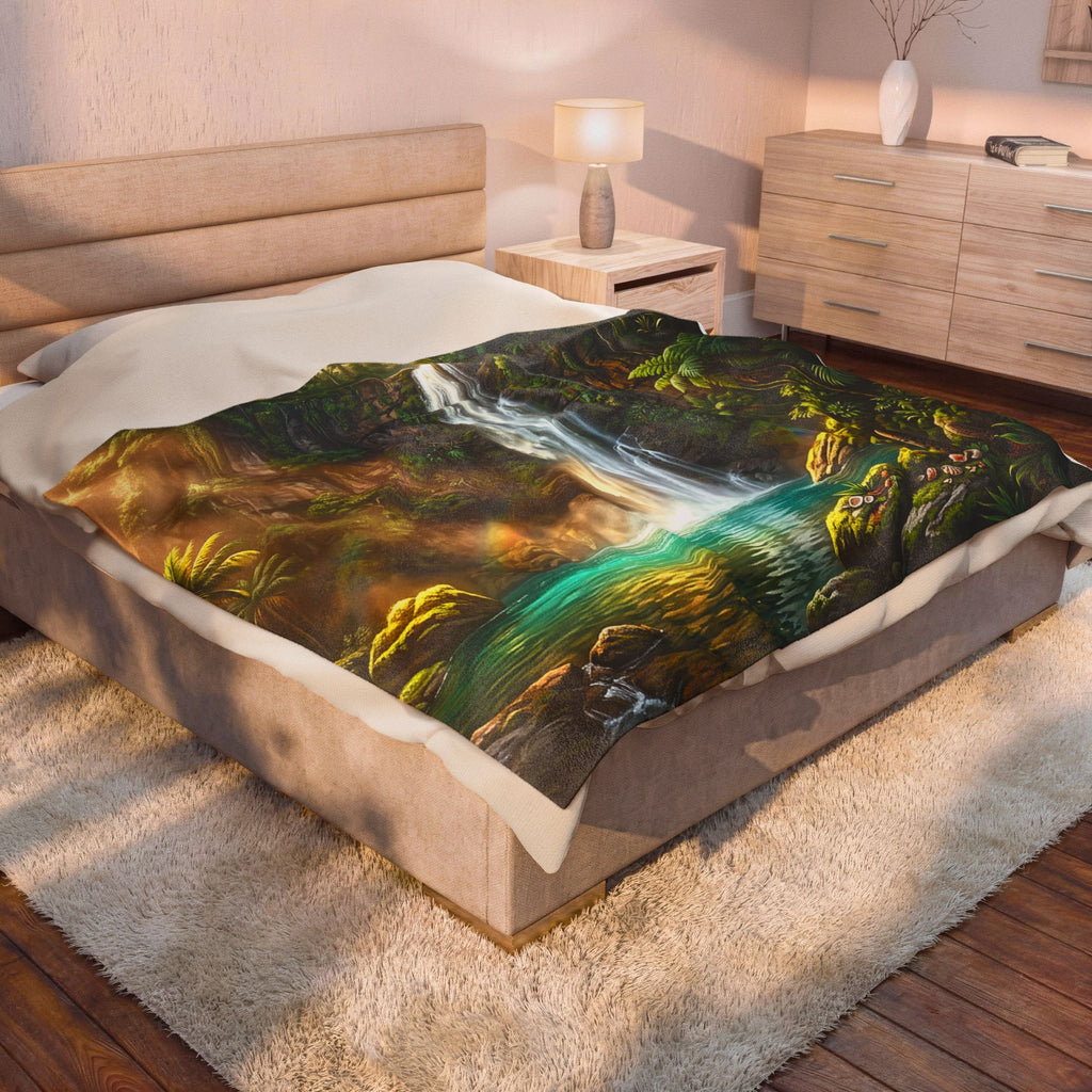 Waterfall Forest Velveteen Plush Blanket — Lush Tropical Landscape Throw