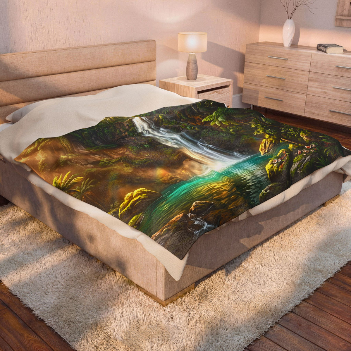 Waterfall Forest Velveteen Plush Blanket — Lush Tropical Landscape Throw