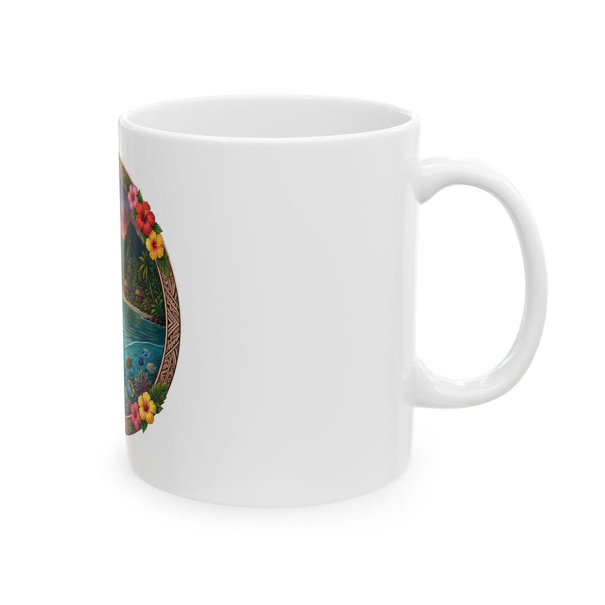 Tropical Sunset Canoe Ceramic Mug — Hawaiian Island Beach Scene (11oz/15oz)