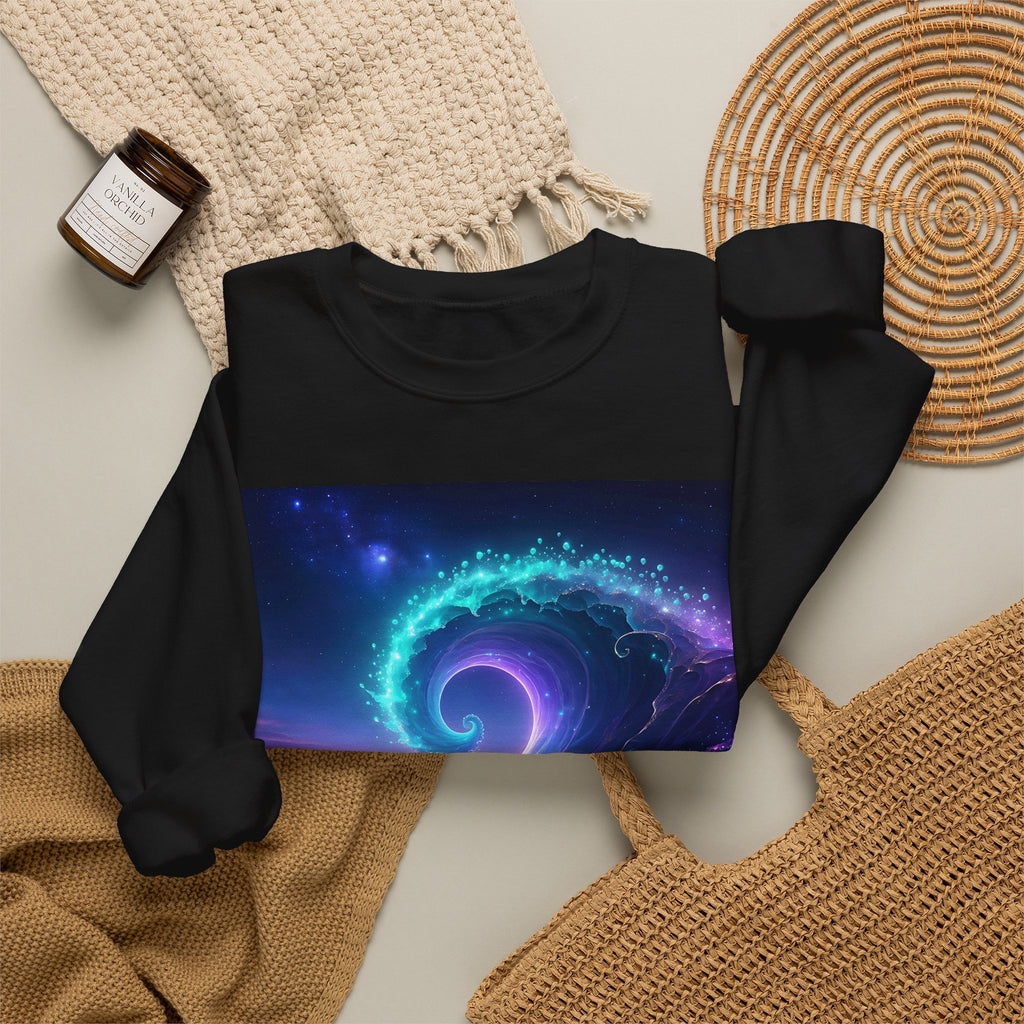 Cosmic Wave Crewneck Sweatshirt — Galaxy Spiral Graphic