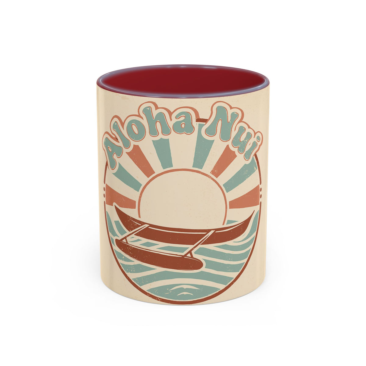 Aloha Nui Coffee Mug — Retro Hawaiian Canoe Sunset Accent Mug (11/15oz)