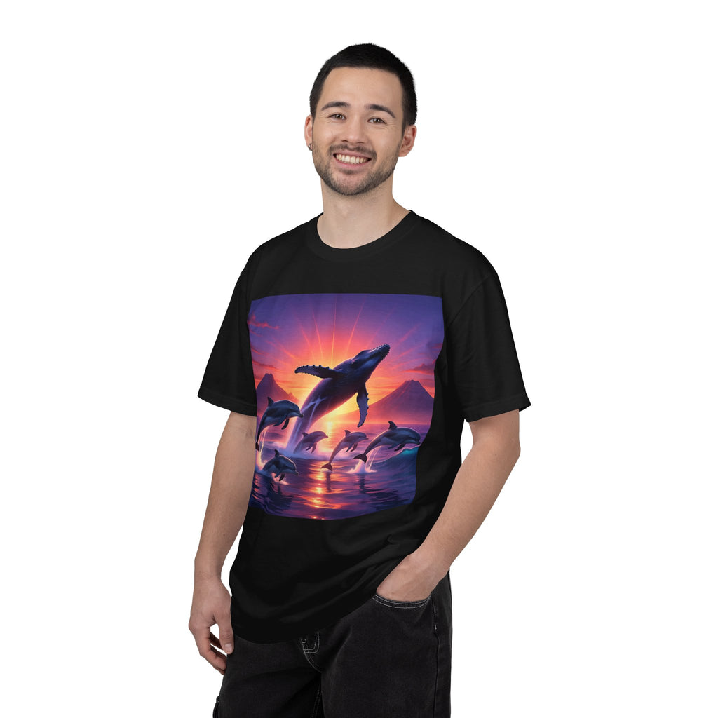 Sunset Whale & Dolphins T-Shirt — Vintage Ocean Sunset Graphic Tee