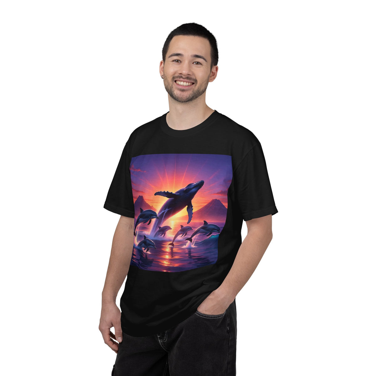 Sunset Whale & Dolphins T-Shirt — Vintage Ocean Sunset Graphic Tee
