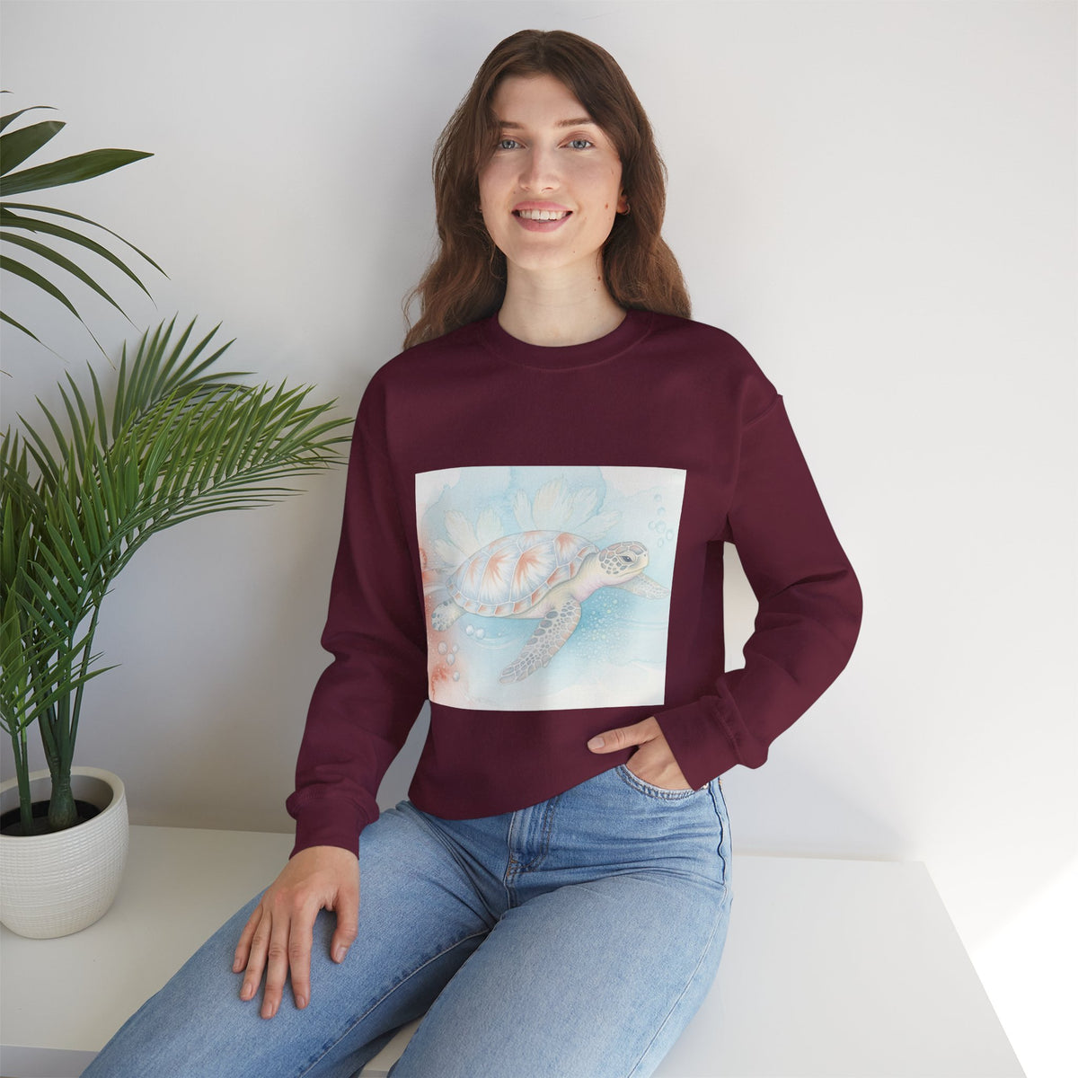 Sea Turtle Art Crewneck Sweatshirt — Watercolor Ocean Turtle Graphic
