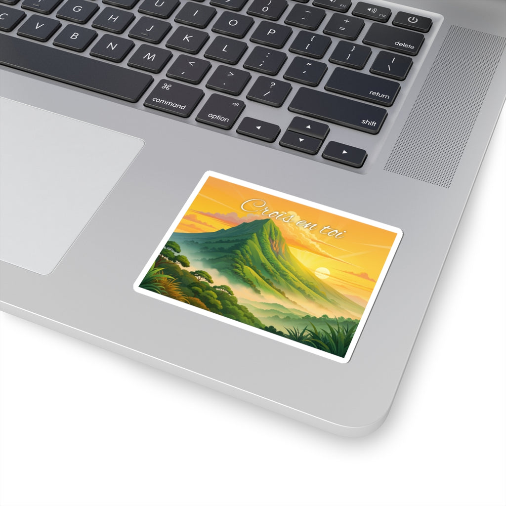 Inspirational Mountain Sunset Sticker — "Crois en toi" Motivational Kiss-Cut Sticker