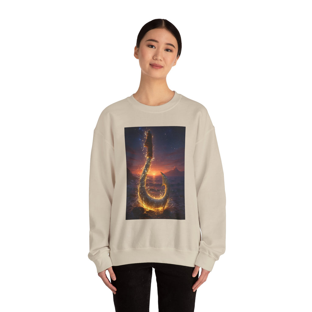 Crewneck Sweatshirt — Fiery Hook Graphic Crewneck (Stormy Sunset, Flaming Fish Hook)