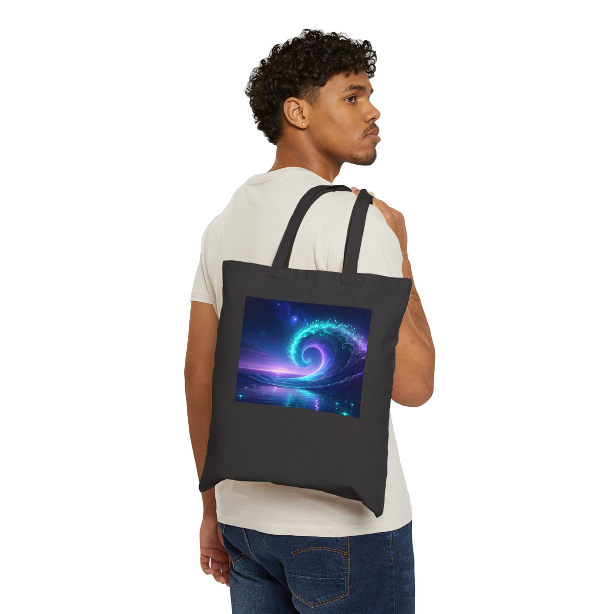 Cosmic Spiral Canvas Tote Bag — Neon Galaxy Swirl Eco Shopper