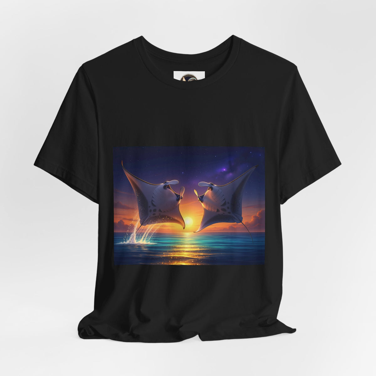 Sunset Manta Rays Graphic Tee — Ocean Sunset Dolphin-Style Art Shirt