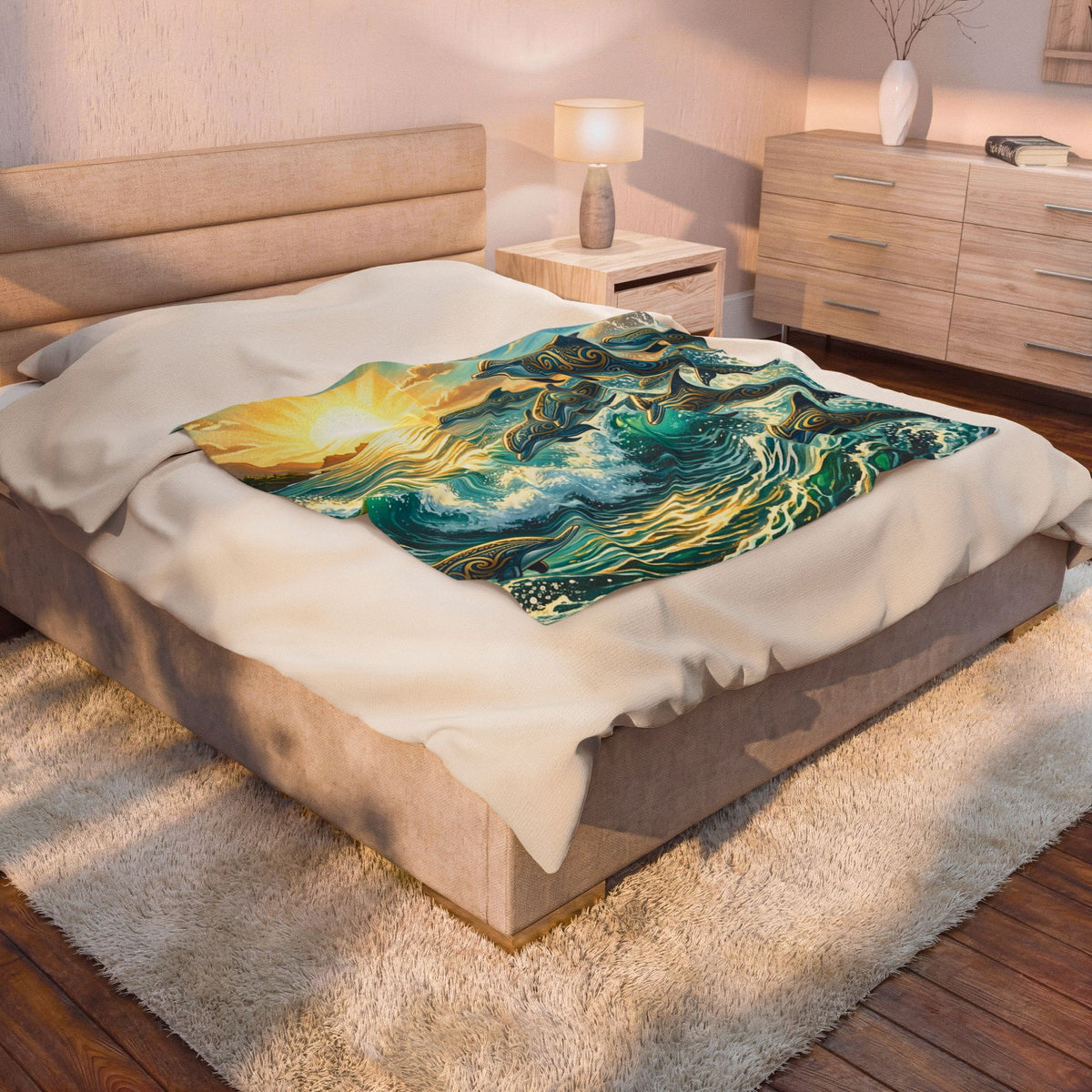 Ocean Dolphin Wave Sunrise Velveteen Plush Blanket | Marine Art Throw