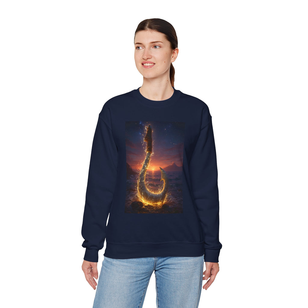 Crewneck Sweatshirt — Fiery Hook Graphic Crewneck (Stormy Sunset, Flaming Fish Hook)