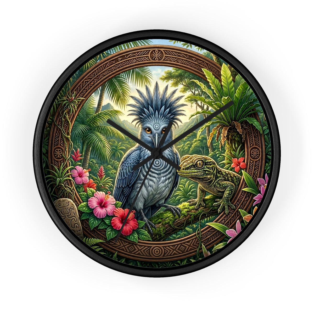 Tropical Bird Wall Clock — Blue Palm Cockatoo & Lizard Jungle Decor