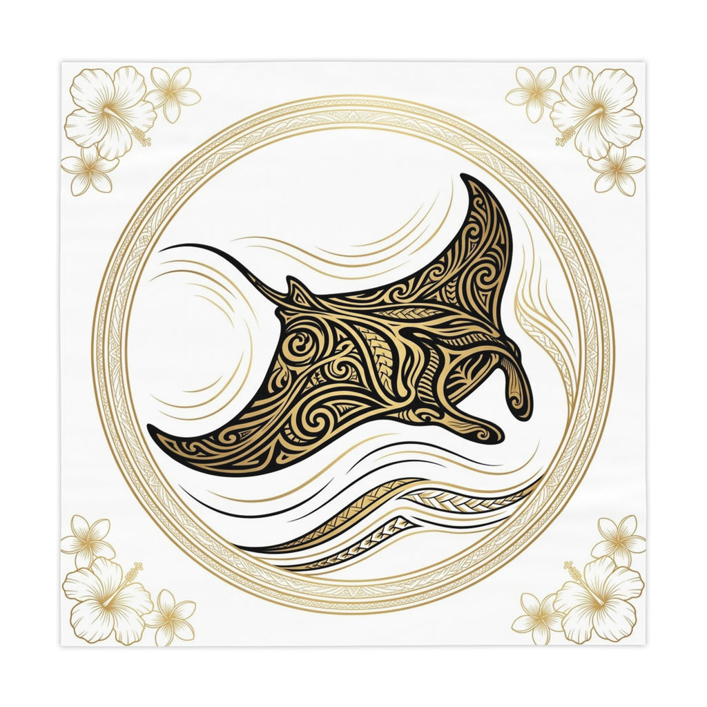 Manta Ray Tribal Art Tablecloth — Coastal Hawaiian Floral Beach Table Cover