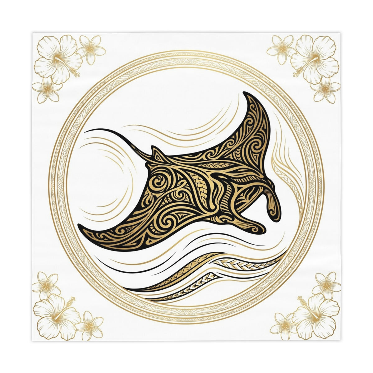 Manta Ray Tribal Art Tablecloth — Coastal Hawaiian Floral Beach Table Cover