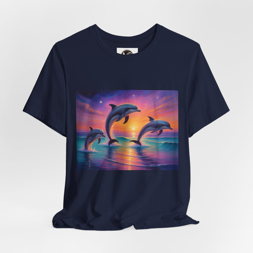 Dolphin Sunset T-Shirt — Vibrant Ocean Sunset Dolphins Tee