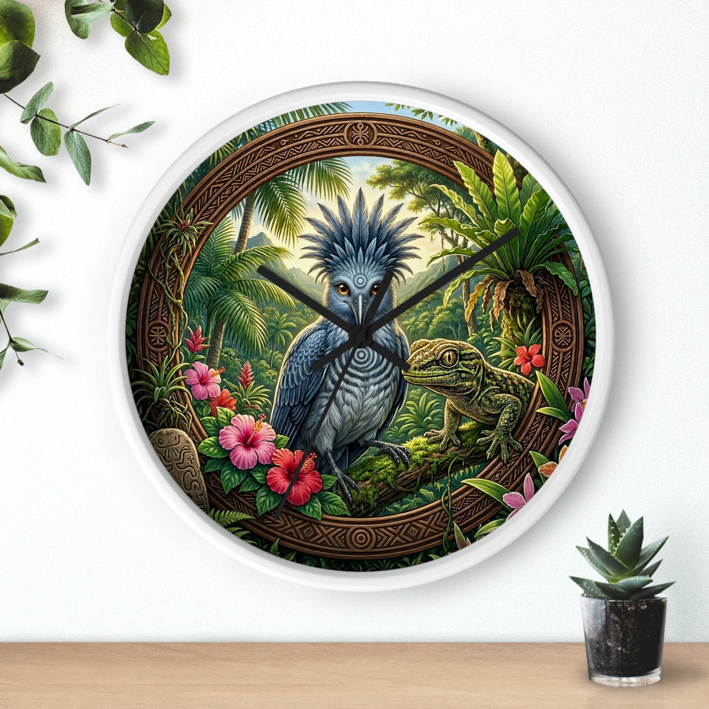 Tropical Bird Wall Clock — Blue Palm Cockatoo & Lizard Jungle Decor