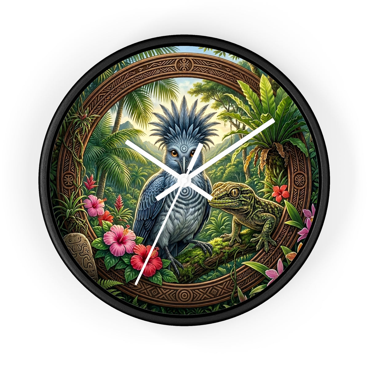 Tropical Bird Wall Clock — Blue Palm Cockatoo & Lizard Jungle Decor