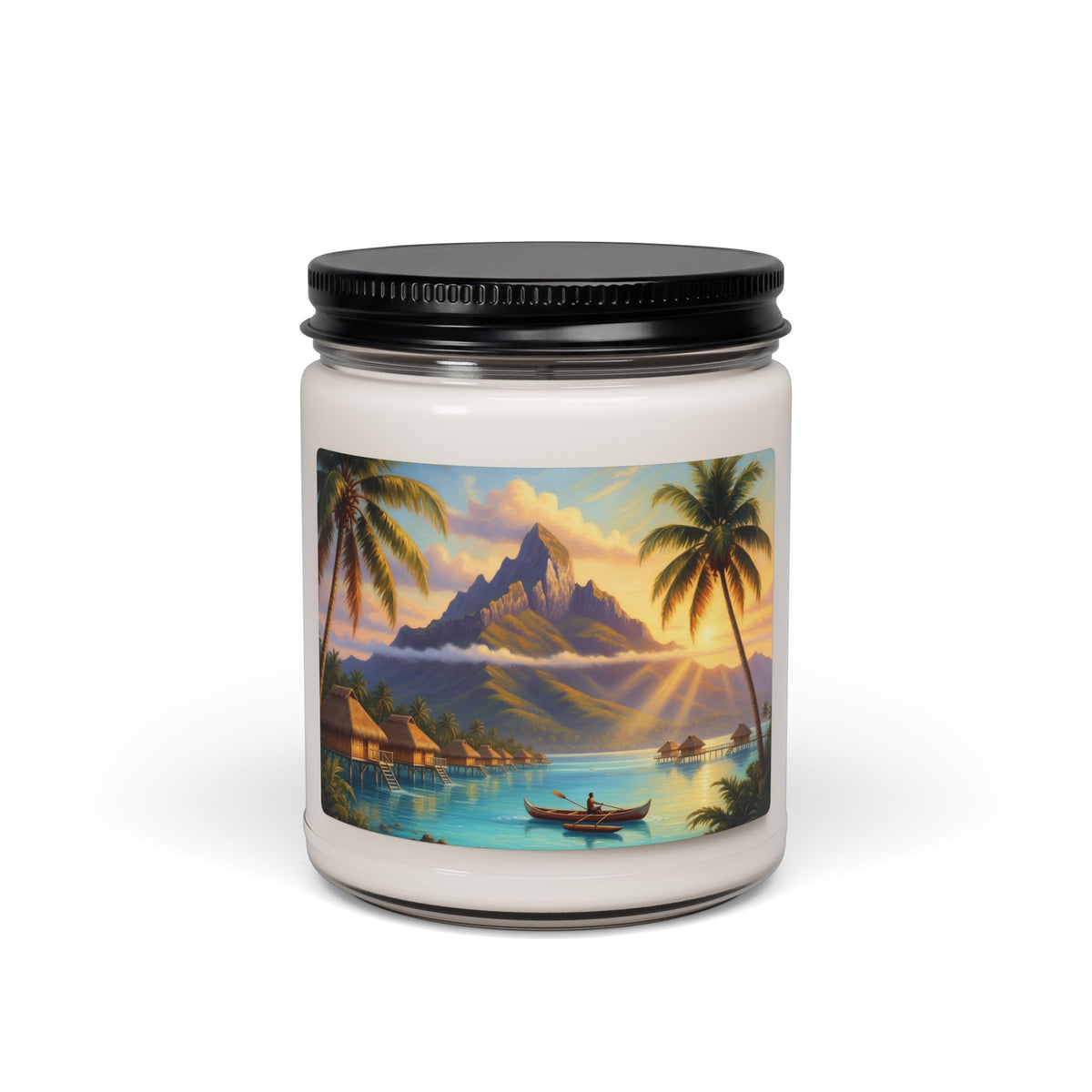 Tropical Island Soy Candle — 9oz Scented Candle with Sunset Beach Artwork