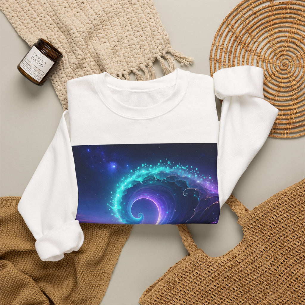 Cosmic Wave Crewneck Sweatshirt — Galaxy Spiral Graphic