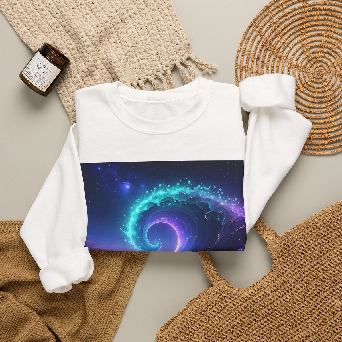 Cosmic Wave Crewneck Sweatshirt — Galaxy Spiral Graphic