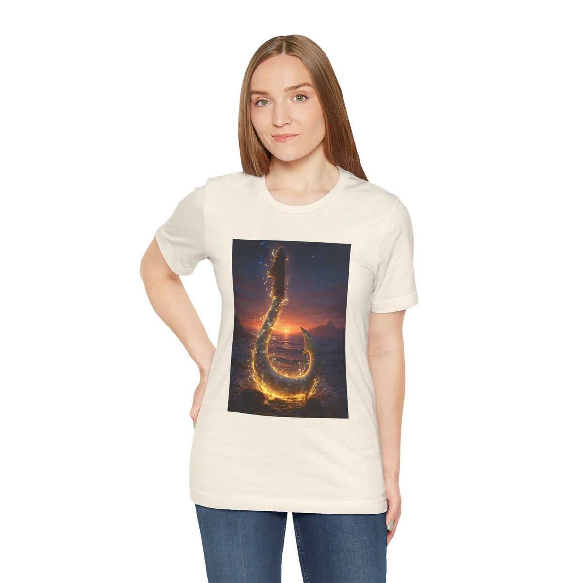 Fiery Hook Graphic Tee — Flaming Fishing Hook Sunset T-Shirt
