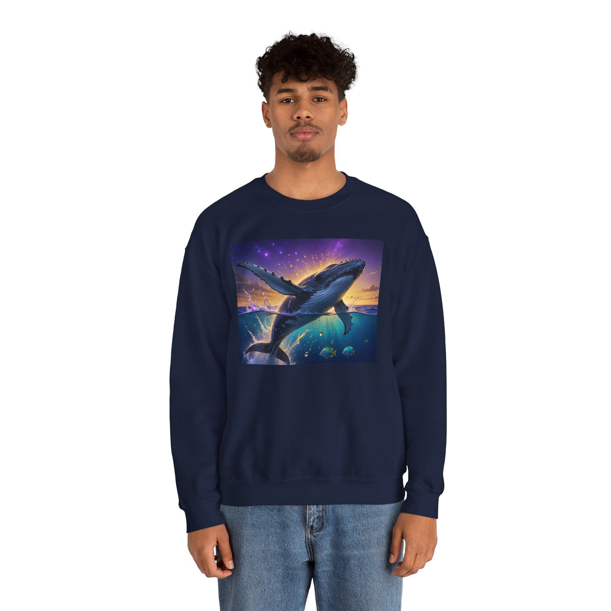 Whale Dreamscape Crewneck Sweatshirt — Cosmic Ocean Sunset Graphic