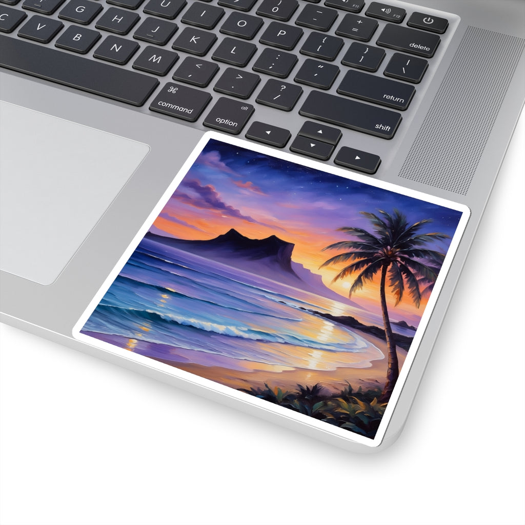 Tropical Sunset Sticker — Palm Trees Beach Wave Kiss-Cut Decal