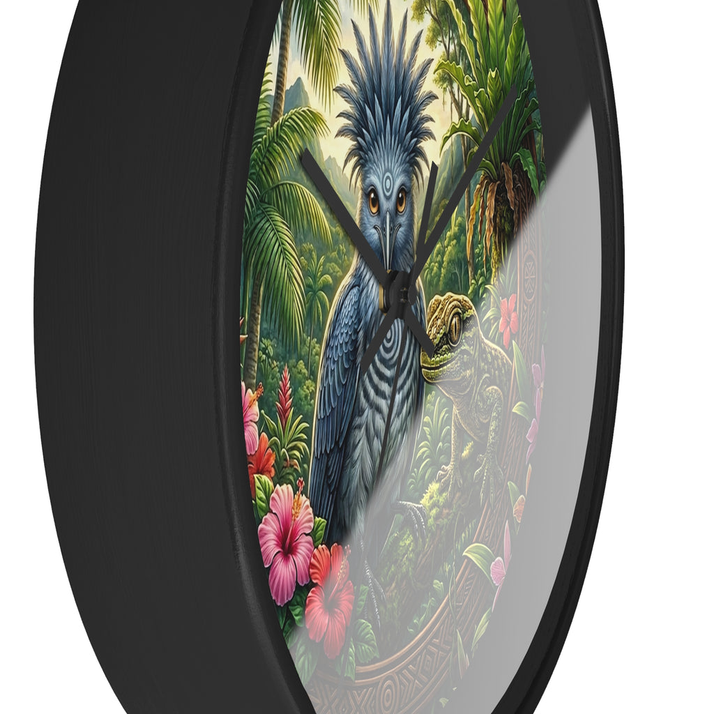 Tropical Bird Wall Clock — Blue Palm Cockatoo & Lizard Jungle Decor