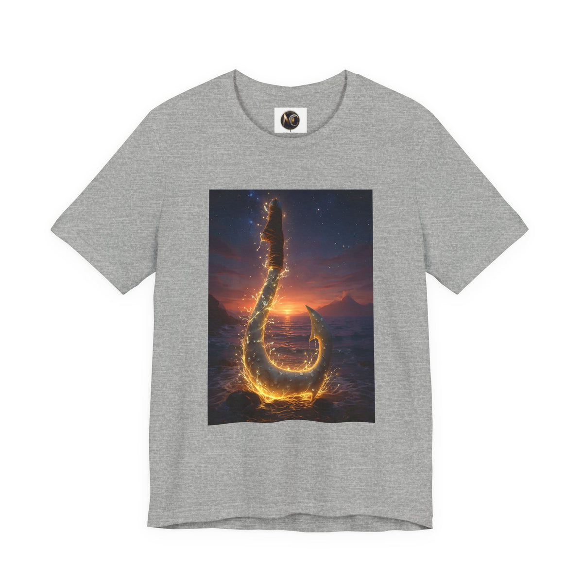 Fiery Hook Graphic Tee — Flaming Fishing Hook Sunset T-Shirt