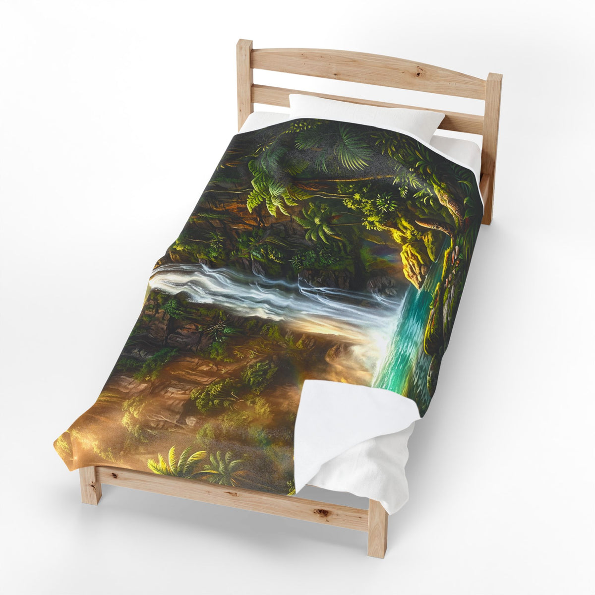 Waterfall Forest Velveteen Plush Blanket — Lush Tropical Landscape Throw