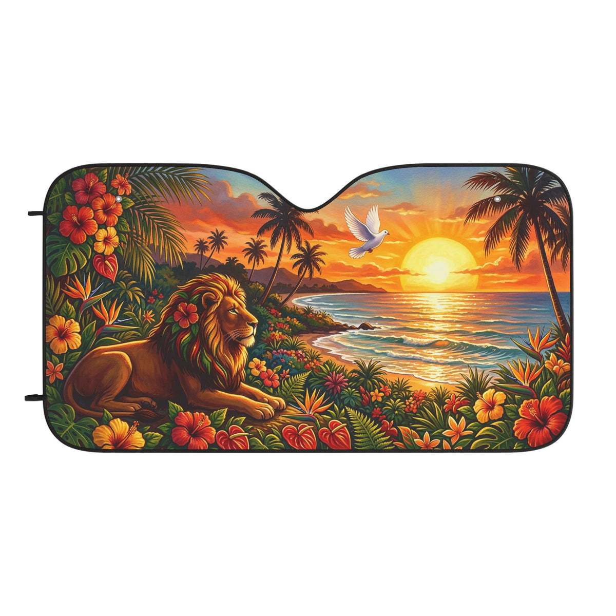 Lion Sunset Beach Car Sun Shade — Tropical Auto Windshield Protector