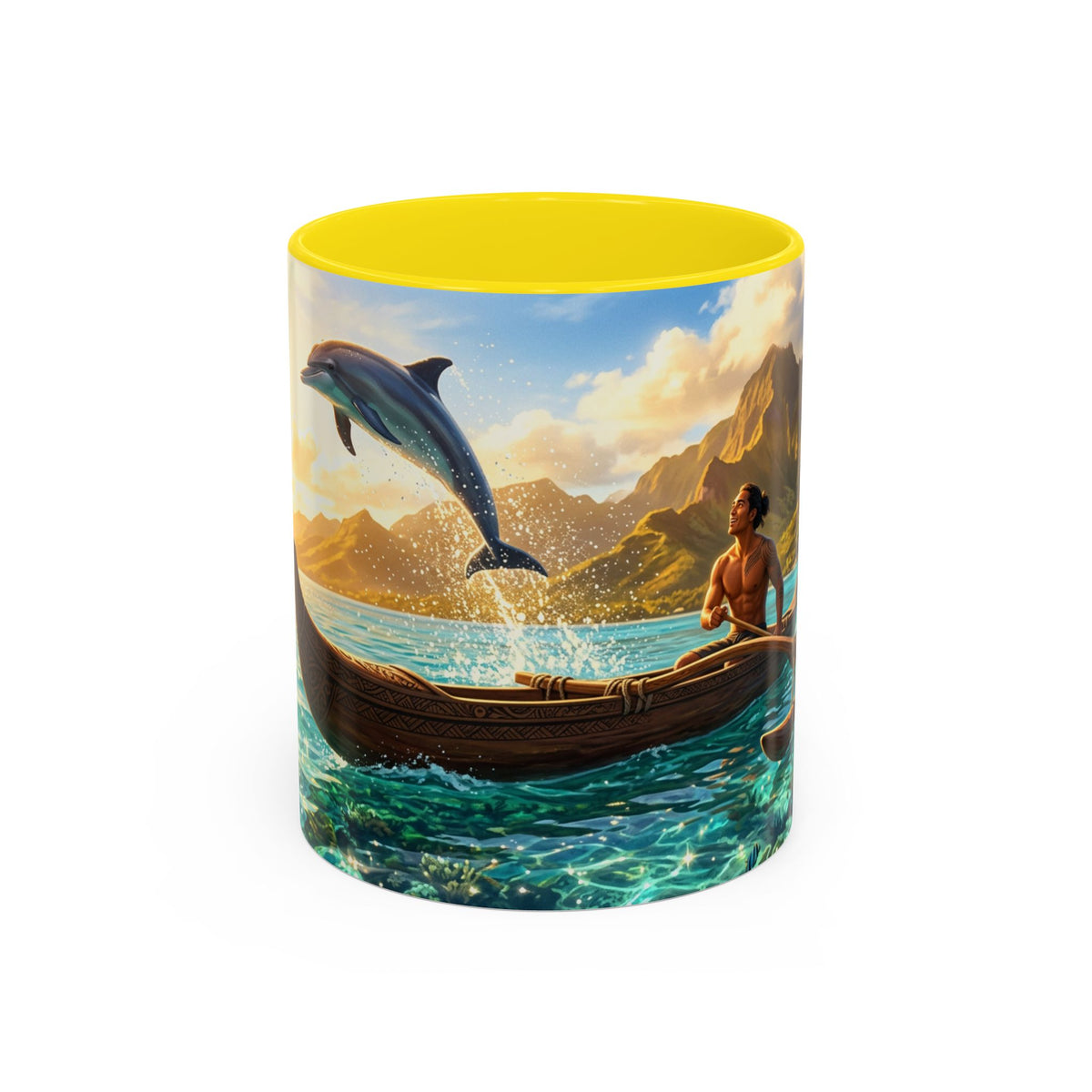 Taza de café Canua Tropical — Taza escénica con delfines y amanecer en el océano (11/15oz)