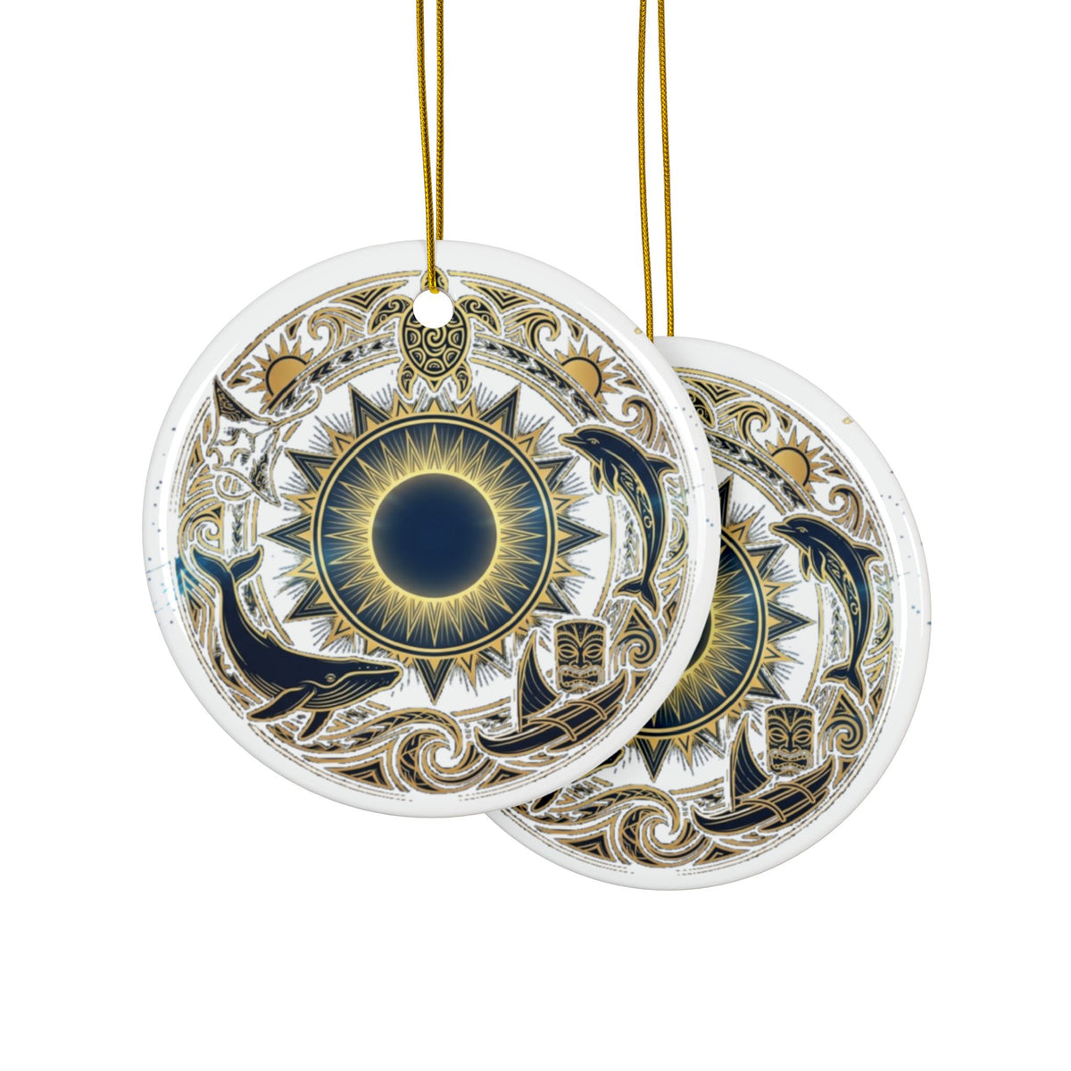 Nautical Mandala Ceramic Ornament — Double-Sided Dolphin & Sun Design