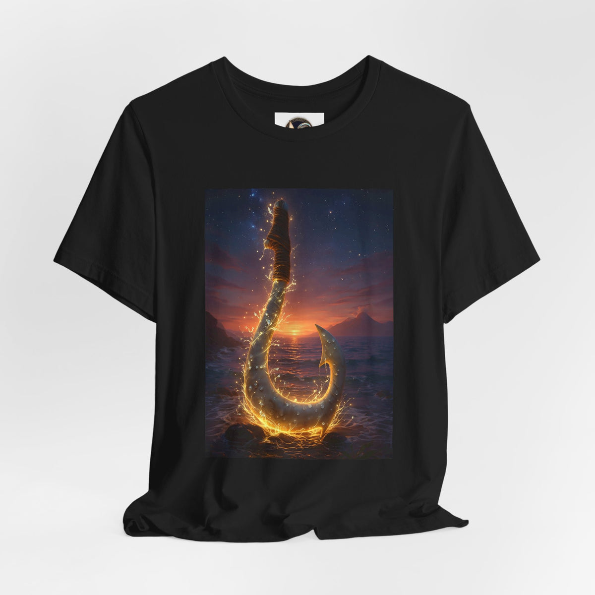 Fiery Hook Graphic Tee — Flaming Fishing Hook Sunset T-Shirt