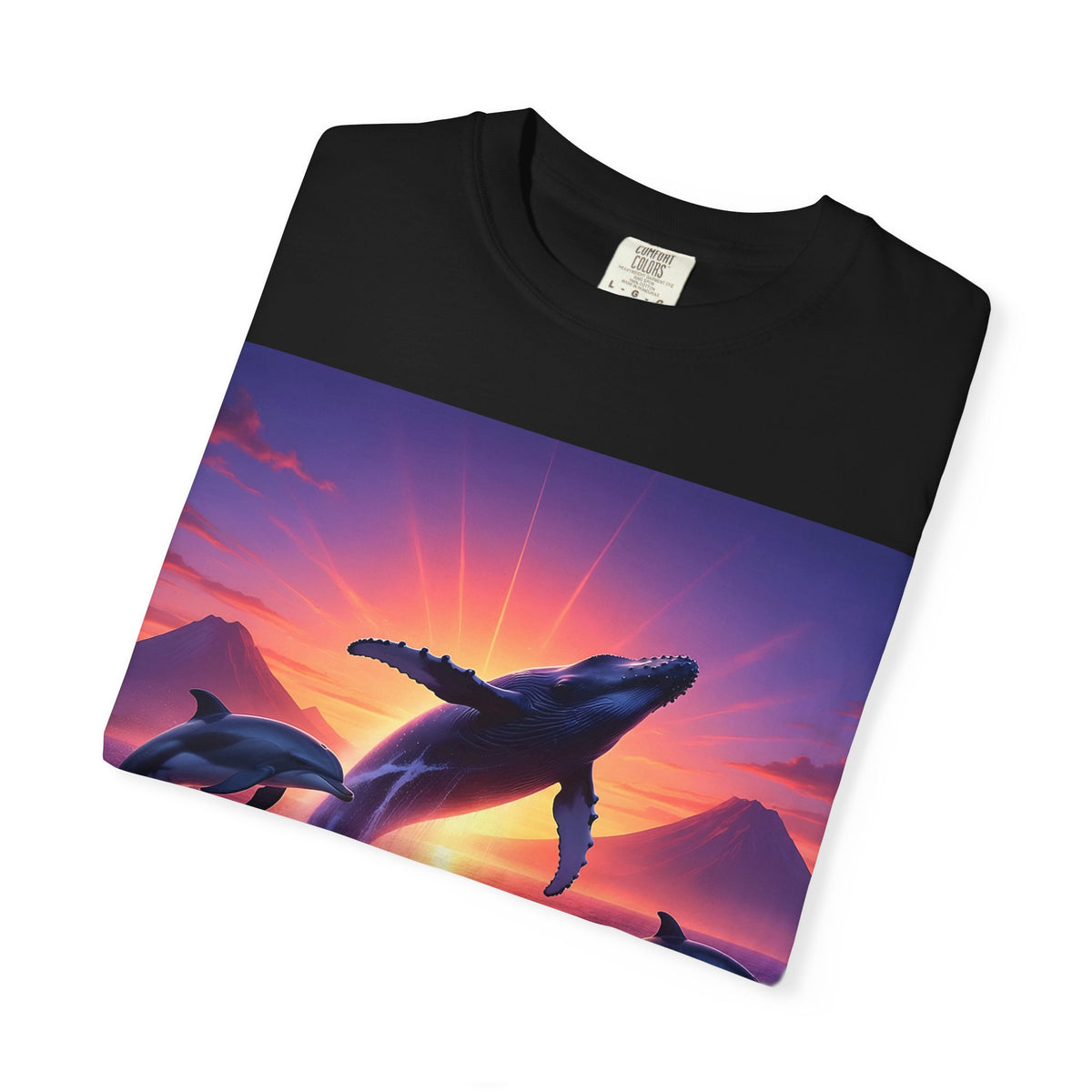 Sunset Whale & Dolphins T-Shirt — Vintage Ocean Sunset Graphic Tee
