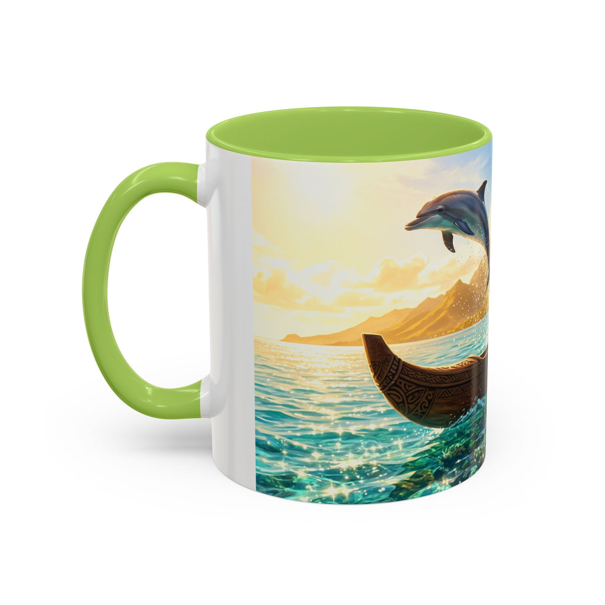 Tropical Canoe Coffee Mug — Ocean Dolphin Sunrise Scenic Mug (11/15oz)