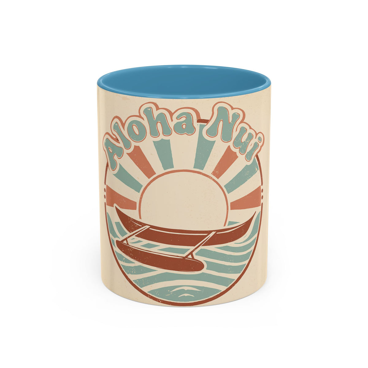 Aloha Nui Coffee Mug — Retro Hawaiian Canoe Sunset Accent Mug (11/15oz)