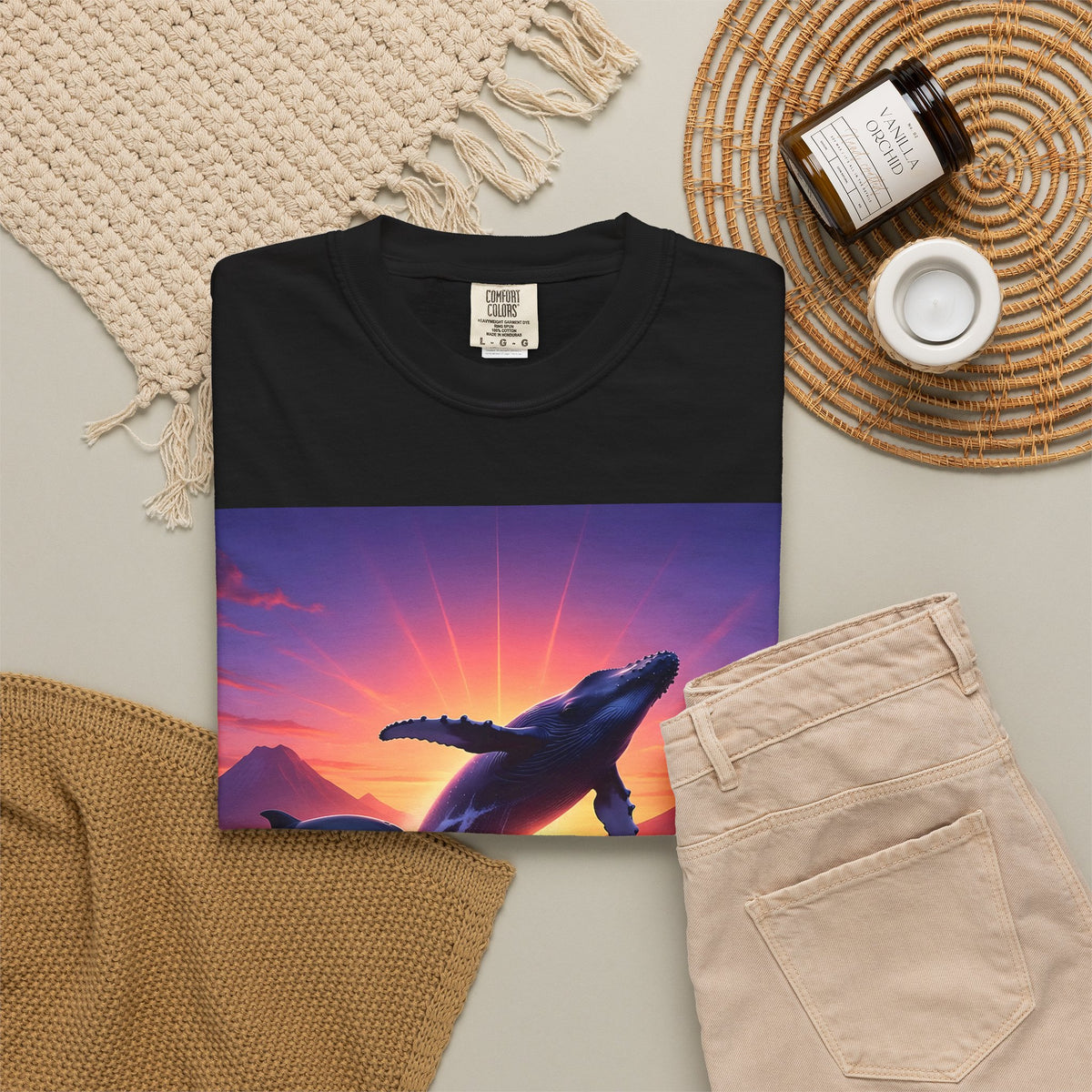 Sunset Whale & Dolphins T-Shirt — Vintage Ocean Sunset Graphic Tee