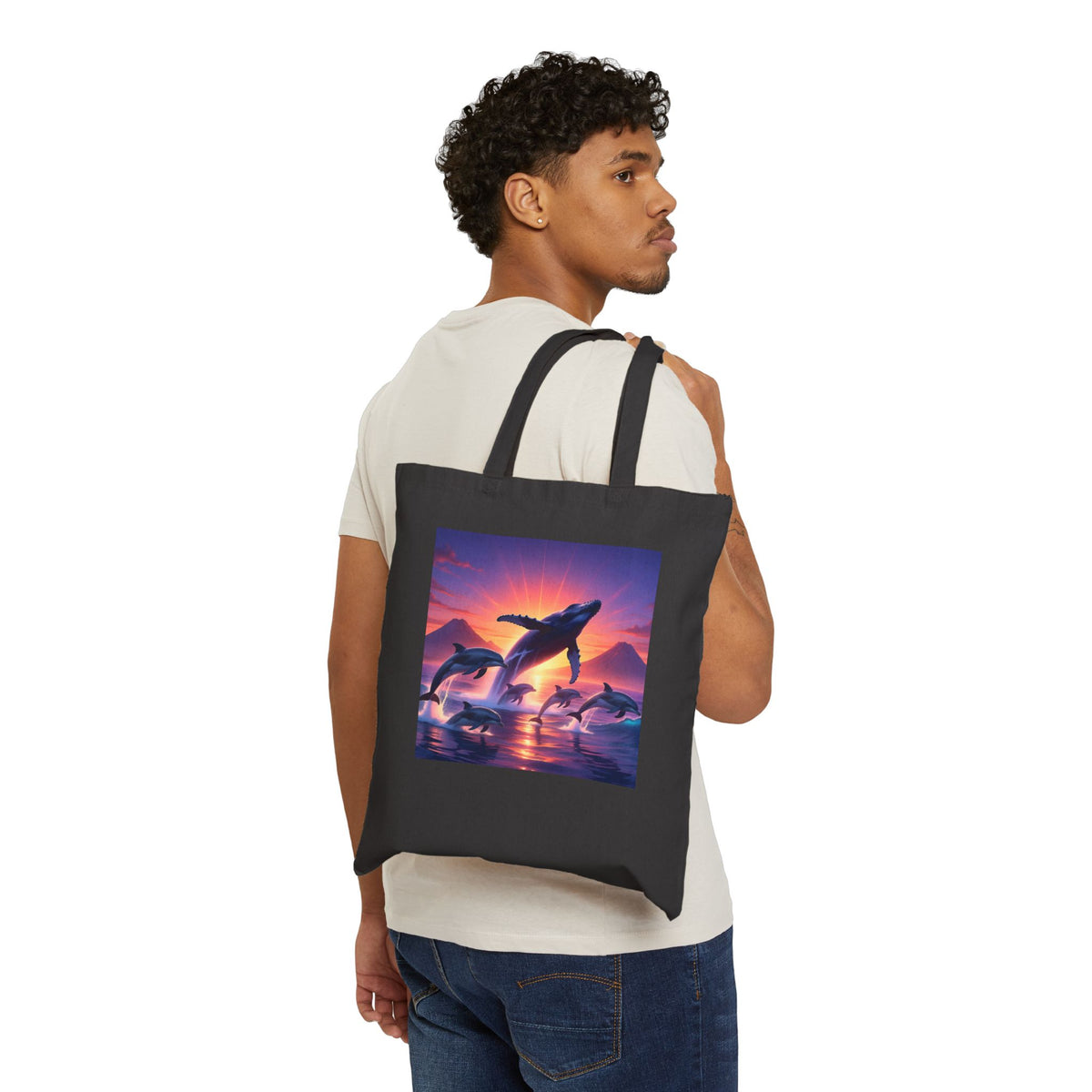 Whales at Sunset Canvas Tote Bag — Ocean Dolphin Sunset Beach Reusable Shopper