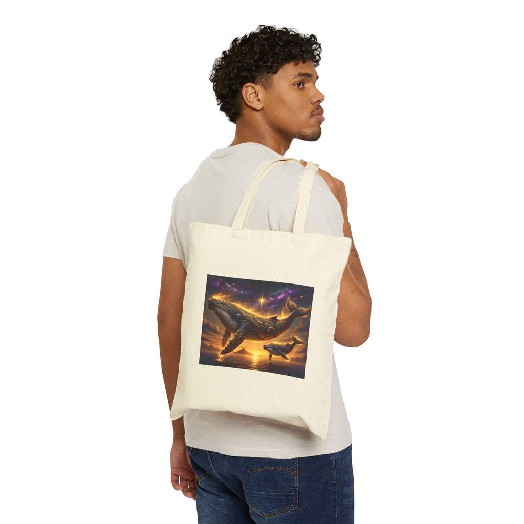 Whale Sunset Canvas Tote Bag — Ocean Dolphin Art Grocery Beach Tote