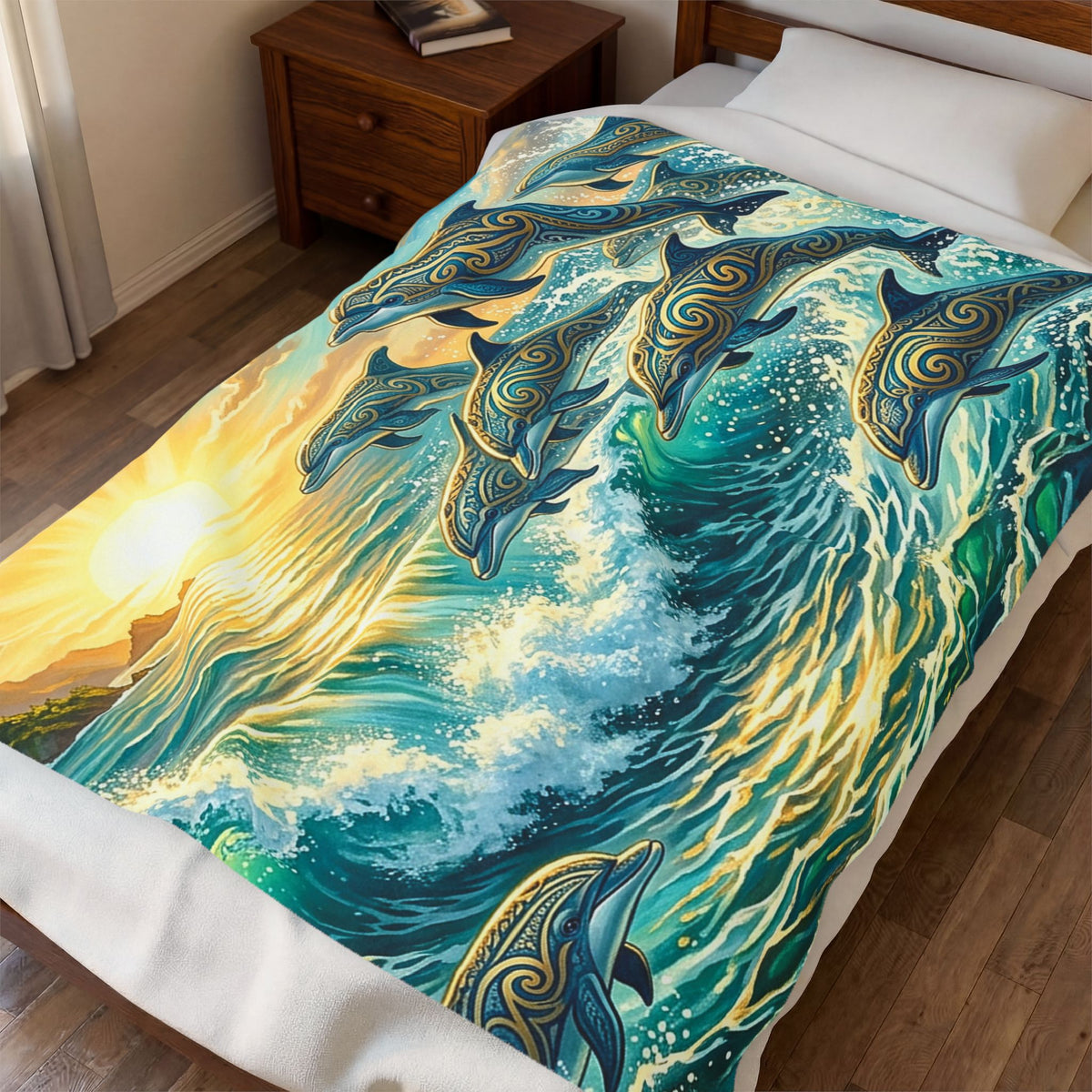 Ocean Dolphin Wave Sunrise Velveteen Plush Blanket | Marine Art Throw