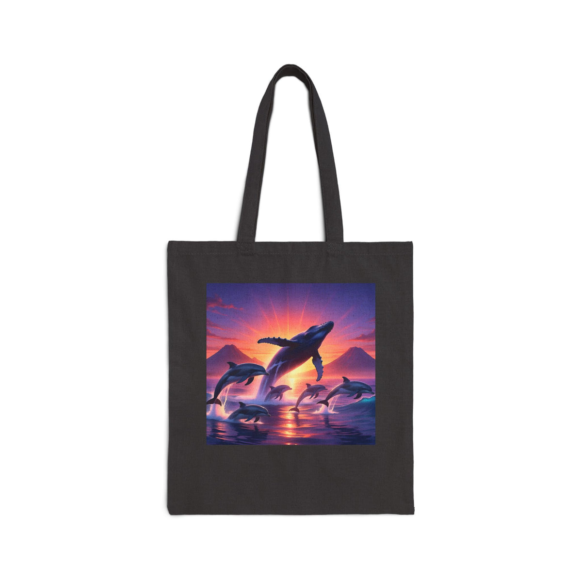 Whales at Sunset Canvas Tote Bag — Ocean Dolphin Sunset Beach Reusable Shopper