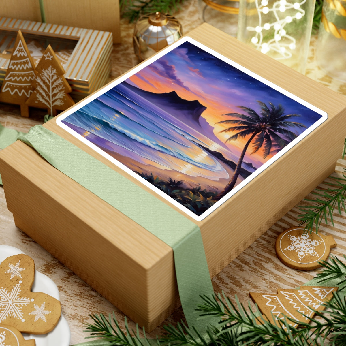 Tropical Sunset Sticker — Palm Trees Beach Wave Kiss-Cut Decal