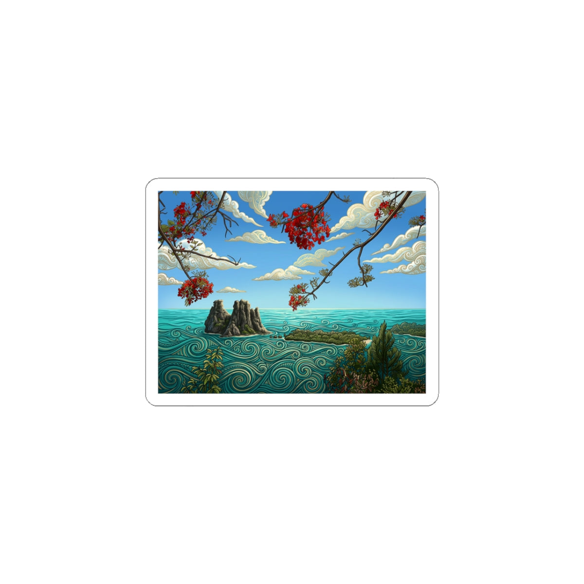 Scenic Coastal Island Sticker — Tropical Ocean Landscape Kiss-Cut Decal