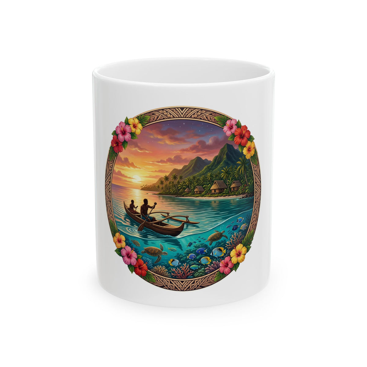 Tropical Sunset Canoe Ceramic Mug — Hawaiian Island Beach Scene (11oz/15oz)