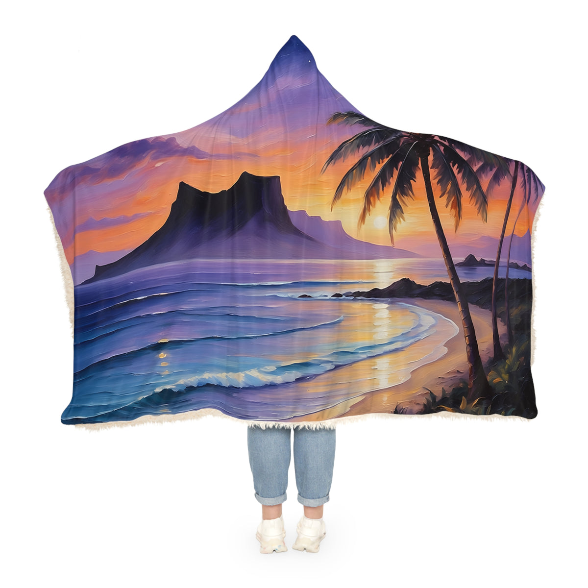 Tropical Sunset Snuggle Blanket – Hooded Beach Throw with Palm Trees