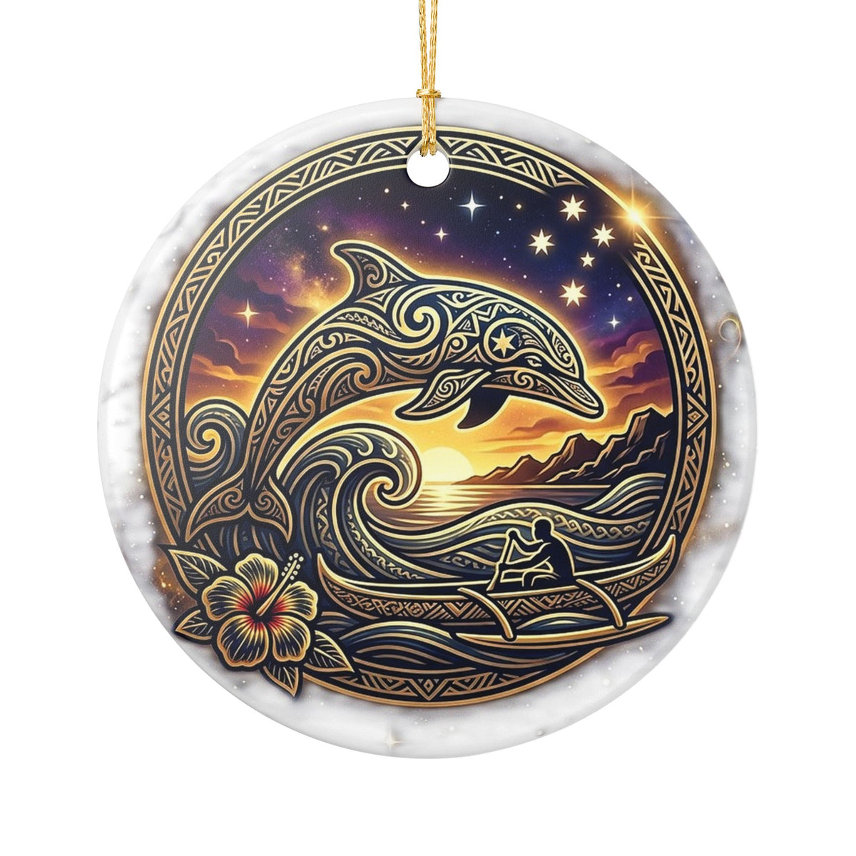 Ceramic Ornament — Nautical Dolphin Sunset Decorative Hanging Ornament