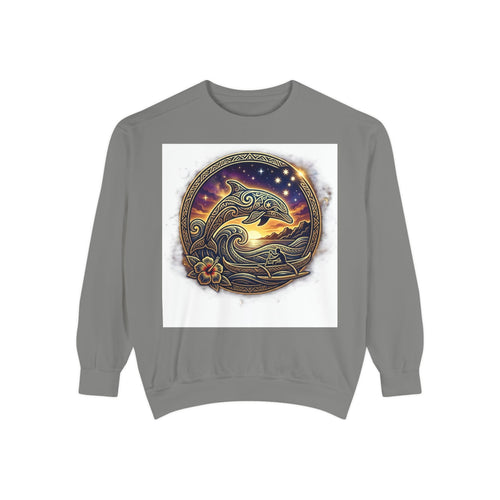 Sudadera con diseño de delfín y cielo nocturno — Sudadera de cuello redondo con diseño de delfín bohemio náutico