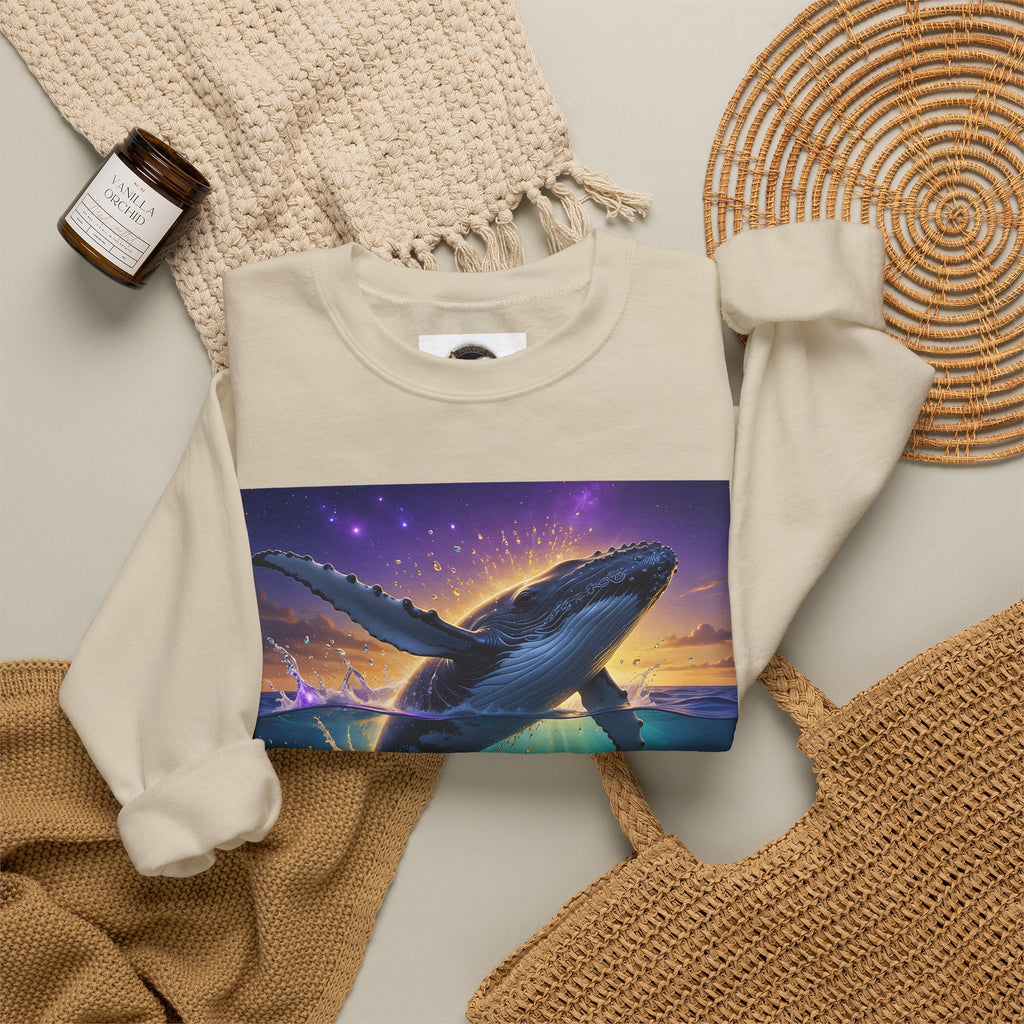 Whale Dreamscape Crewneck Sweatshirt — Cosmic Ocean Sunset Graphic